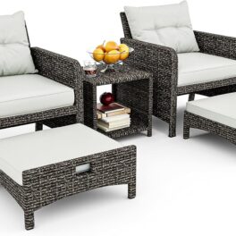 Pamapic Outdoor Furniture 5 Piece Patio Conversation Set, Wicker Rattan Patio Set with Soft Cushions & Coffee Table, Balcony Furniturefor with 2 Ottoman for Porch, Garden, Lawn (Grey)