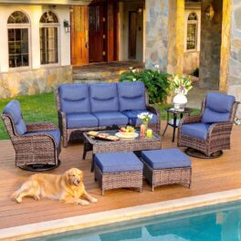 HILLGA 7-Piece Luxury Patio Furniture Set with 6" Thick Cushions, Weather-Resistant Wicker High Back Swivel Rocker Chairs, Senior-Friendly Outdoor Sofa Set for Large Deck, Yard and Poolside, Blue(V2)