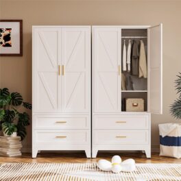COFaR 71" Metal Wardrobe Closet with 2 Drawers & Hanging Rod, Freestanding Armoire Storage Cabinet with Adjustable Shelf and 2 Doors, White Steel Closet Organizer for Bedroom
