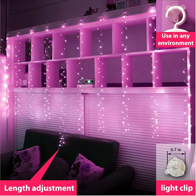 ZSJWL 300 LED Pink Curtain Fairy Lights with Remote, 8 Modes 9.8 × 9.8 Ft Waterproof USB Plug in Copper Wire Lights for Bedroom Window Chrismas Wedding Party - Image 2